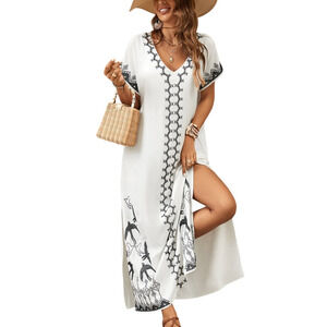 Floral Embroidered V-Neck Swimsuit Cover-Up Kaftan Dress